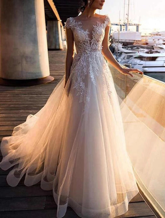 Beach Wedding Dresses A-Line Illusion Neck Cap Sleeve Floor Length Lace Bridal Gowns With Pleats Ivory
