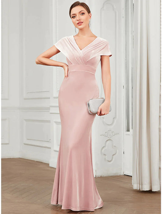 Evening Gown Vintage Dress Floor Length Short Sleeve V Neck Velvet V Back with Ruffles