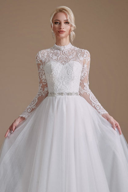 High Neck Long Sleeves Modest A-line Wedding Dress with Tulle Lace