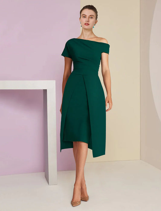 Aimishang A-Line Sheath / Column Mother of the Bride Dress Formal Wedding Guest Elegant One Shoulder Tea Length Sequined Stretch Fabric Short Sleeve with Solid Color