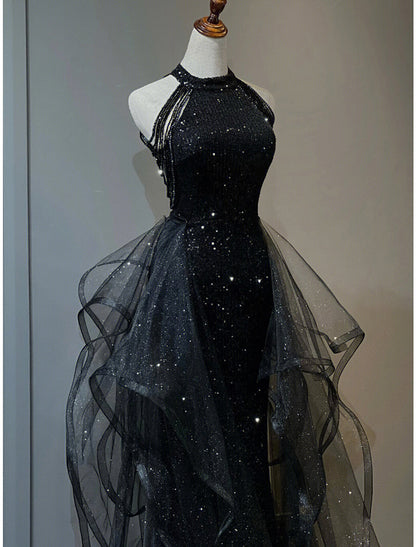 A-Line Prom Dresses Sparkle Shine Dress Wedding Party Sleeveless Sequined with Crystals Sequin Ruffles