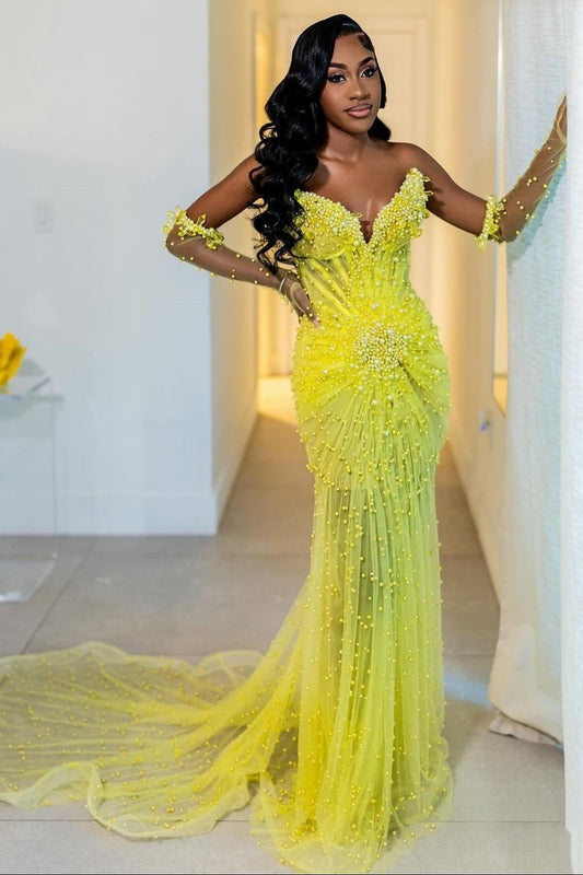 Hot Yellow Sweetheart Sheer Tulle Prom Dress with Pearls