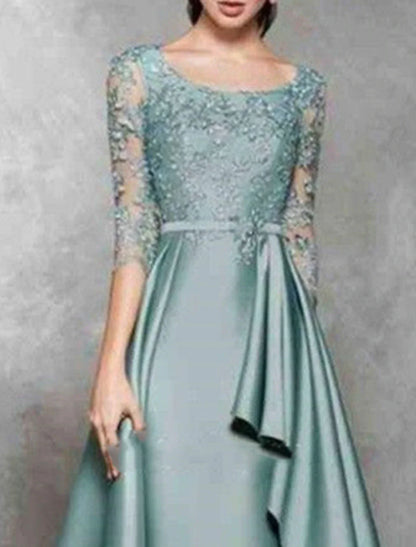 A-Line Mother of the Bride Dress Wedding Guest Elegant Jewel Neck Floor Length Satin Lace 3/4 Length Sleeve No with Sash / Ribbon Ruffles Appliques