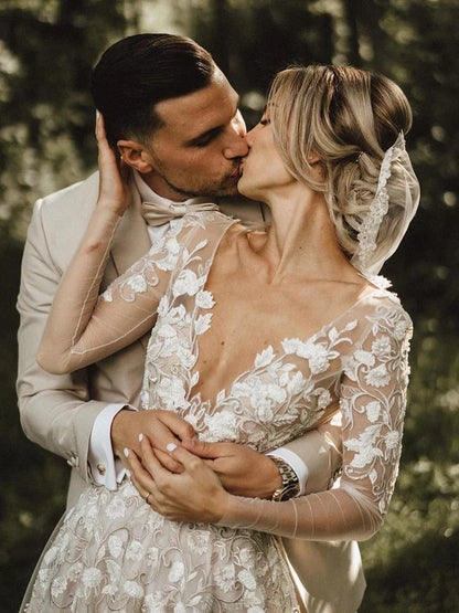 Romantic A-line Wedding Dresses With Long Sleeves Lace Bridal Gowns Elegant