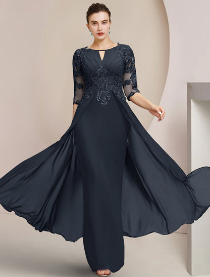 Aimishang Sheath / Column Mother of the Bride Dress Formal Wedding Guest Elegant Scoop Neck Floor Length Chiffon Lace Half Sleeve with Sequin Appliques