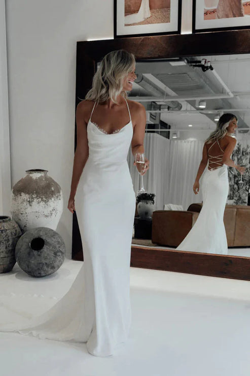 Mermaid Satin White Spaghetti-Straps Wedding Dresses With Lace-Up Back Sexy