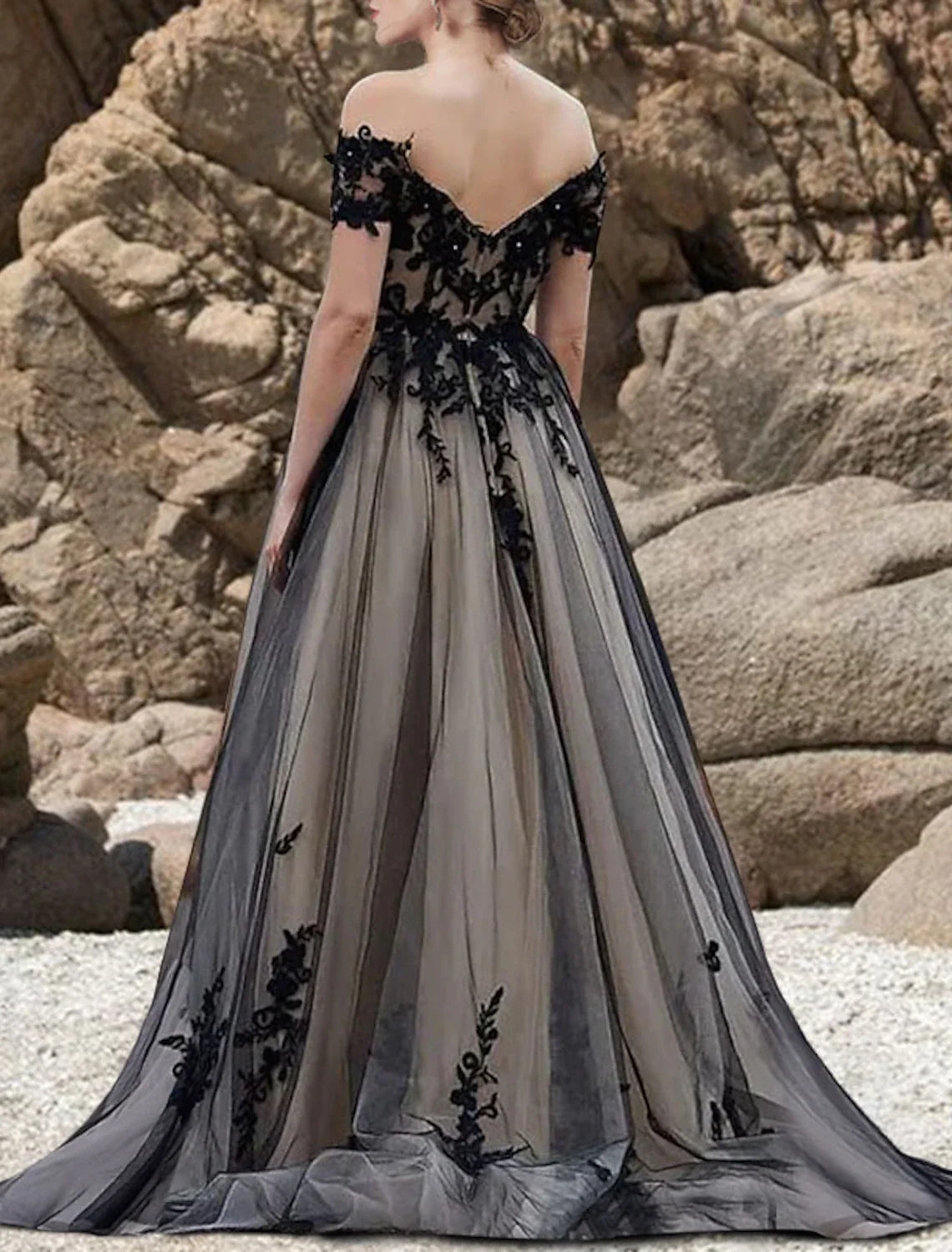 Aimishang Engagement Gothic Wedding Dresses in Color Formal Wedding Dresses A-Line Off Shoulder Short Sleeve Sweep / Brush Train Lace Bridal Gowns With Bow(s) Appliques