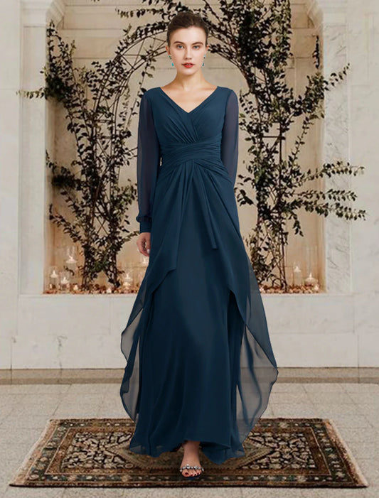 Aimishang A-Line Wedding Guest Elegant Mother of the Bride Dress V Neck Floor Length Chiffon Long Sleeve with Ruched Ruffles