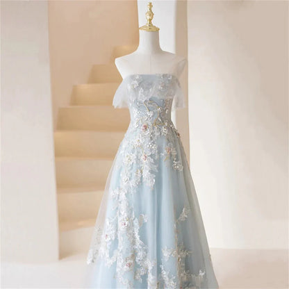 Light Blue Prom Dresses Fairy,Long Blue Tulle Floral Appliques Formal Dresses