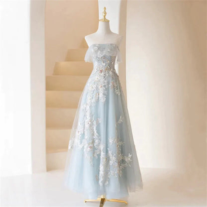Light Blue Prom Dresses Fairy,Long Blue Tulle Floral Appliques Formal Dresses