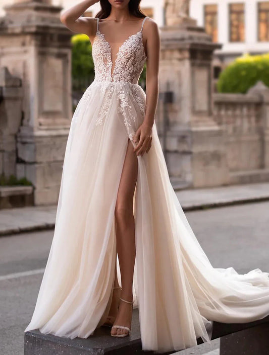 Aimishang Beach Boho Wedding Dresses A-Line Camisole V Neck Sleeveless Court Train Tulle Bridal Gowns With Embroidery Appliques