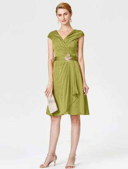Aimishang A-Line Mother of the Bride Dress Elegant V Neck Knee Length Satin Chiffon Short Sleeve No with Sash / Ribbon Pleats Beading