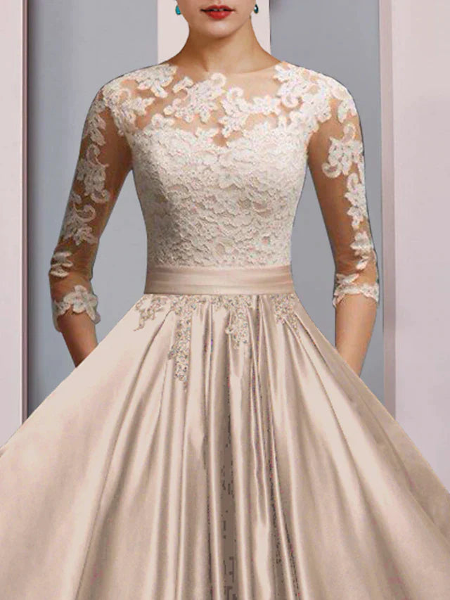 A-Line Mother of the Bride Dress Formal Wedding Guest Party Elegant Scoop Neck Ankle Length Satin Lace 3/4 Length Sleeve with Pleats Appliques