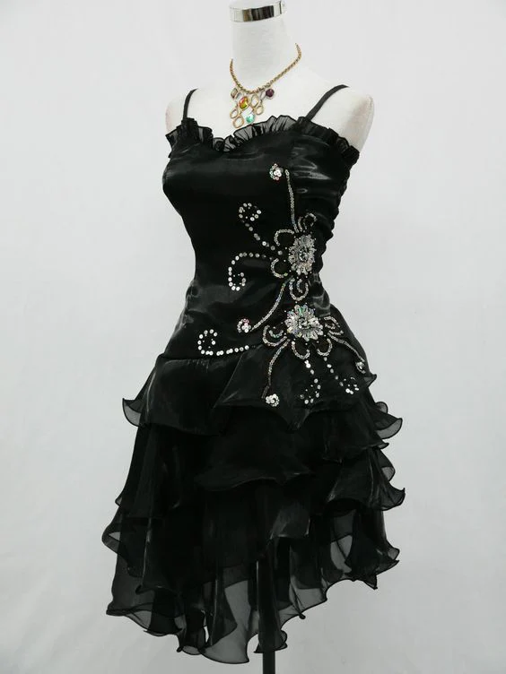 A Line Black Ruffle Short Prom Dress Homecoming Dresses