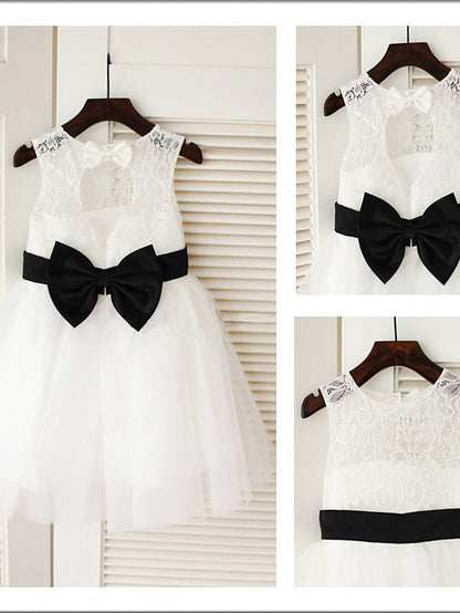 Jewel Sleeveless A-Line Tea Length Flower Girl Dress with Tulle and Lace Satin Belt