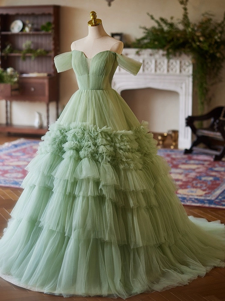 A-Line Off Shoulder Tulle Green Long Prom Dress Sweet 16 Dress Floor Length Solid Color
