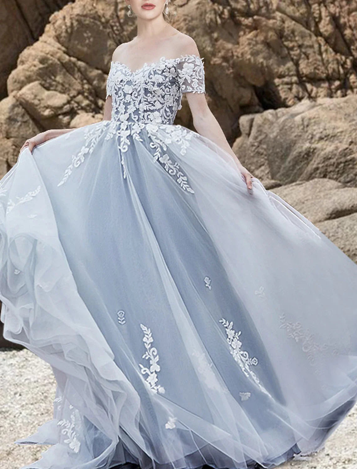 Aimishang Engagement Gothic Wedding Dresses in Color Formal Wedding Dresses A-Line Off Shoulder Short Sleeve Sweep / Brush Train Lace Bridal Gowns With Bow(s) Appliques