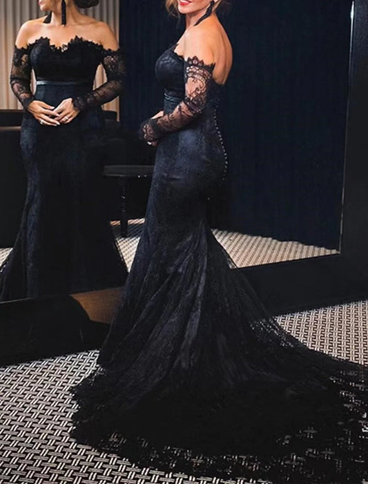 Mermaid / Trumpet Evening Gown Maxi Dress Formal Wedding Party Chapel Train Long Sleeve Off Shoulder Lace with Buttons Appliques
