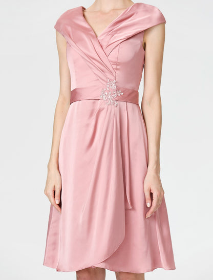 Aimishang A-Line Mother of the Bride Dress Elegant V Neck Knee Length Satin Chiffon Short Sleeve No with Sash / Ribbon Pleats Beading