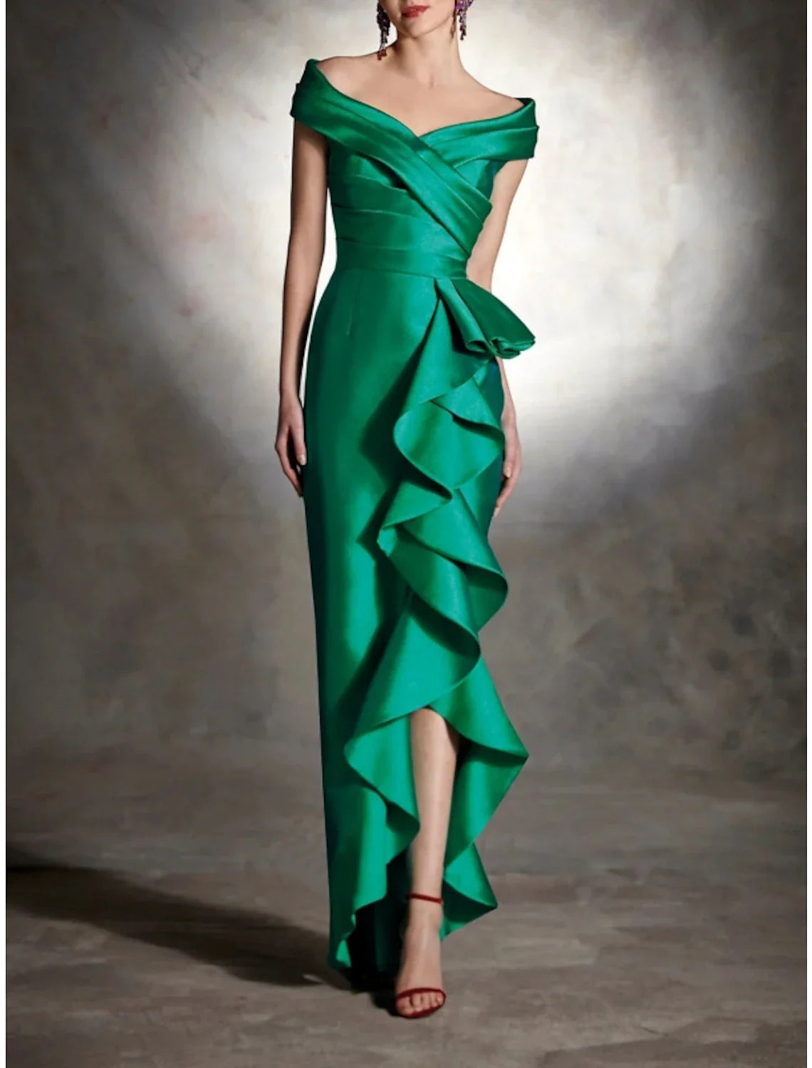 Sheath Formal Dress Cocktail Dresses Christmas Red Green Dress Vintage Dress Formal Wedding Guest Asymmetrical Sleeveless Off Shoulder Satin with Ruffles 2025