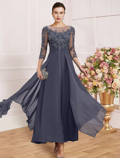 Sheath / Column Mother of the Bride Dress Wedding Guest Simple Elegant Jewel Neck Ankle Length Chiffon Lace 3/4 Length Sleeve with Pleats Sequin