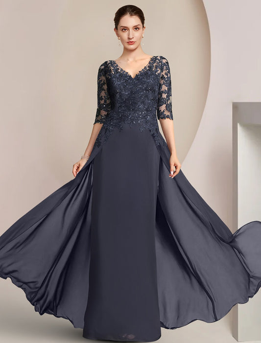 Aimishang  Sheath / Column Mother of the Bride Dress Formal Wedding Guest Elegant V Neck Floor Length Chiffon Lace Half Sleeve with Sequin Appliques