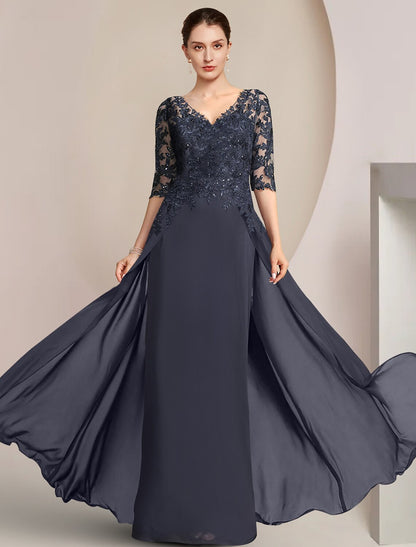 Aimishang  Sheath / Column Mother of the Bride Dress Formal Wedding Guest Elegant V Neck Floor Length Chiffon Lace Half Sleeve with Sequin Appliques