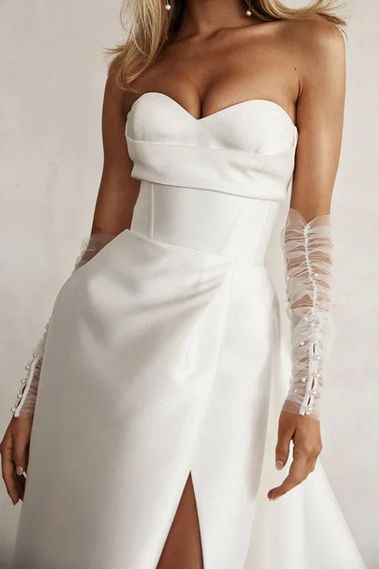 A line sweet satin pleated simple sleeved wedding dress Off Shoulder With Slit