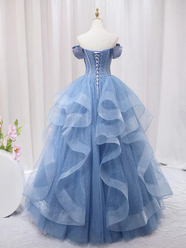 Adult dress A-line blue sheer long ball dress blue sweet dress Off Shoulder Prom Dresses