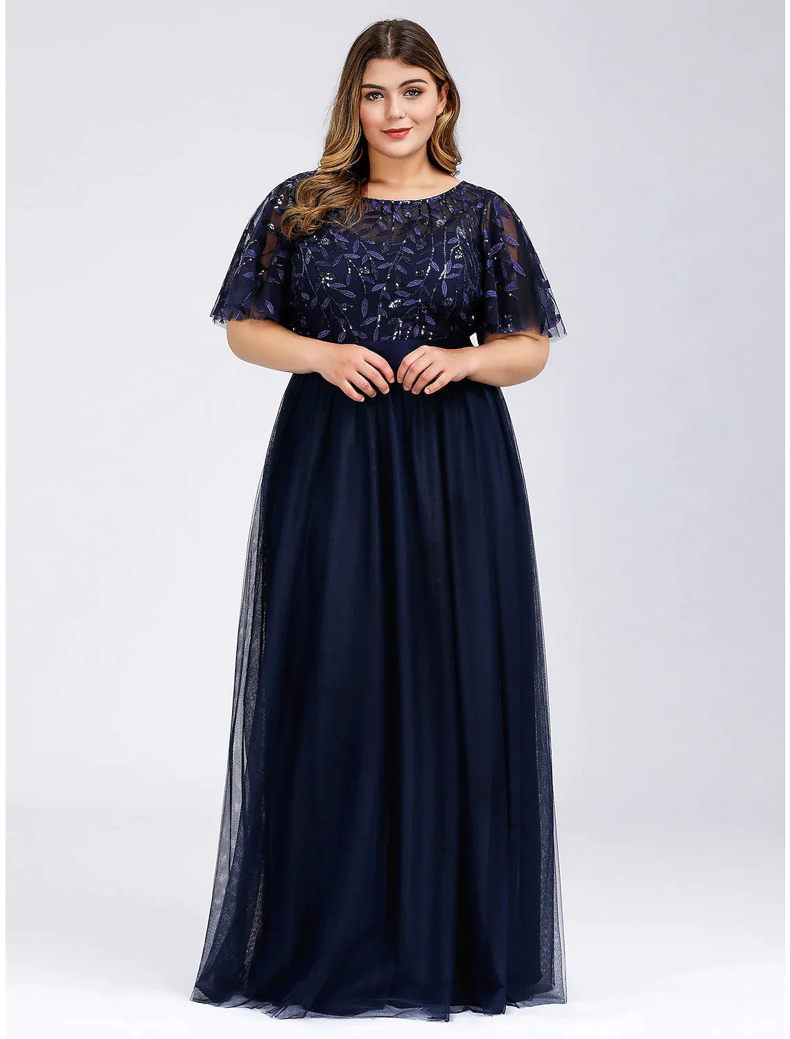 A-Line Prom Dresses Dress Wedding Guest Floor Length Short Sleeve Tulle with Sequin Appliques