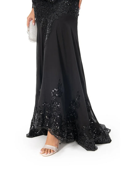 Mermaid Black Dress Evening Gown Sequin Prom Dress Sparkle Formal Gown Sweep / Brush Train Long Sleeve Illusion Neck Lace with Appliques 2025