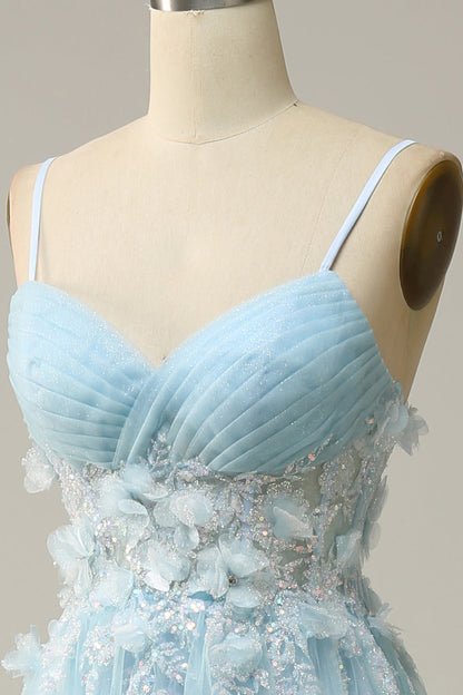 A Line Spaghetti Straps Sky Blue Prom Dress with Appliques Beautiful