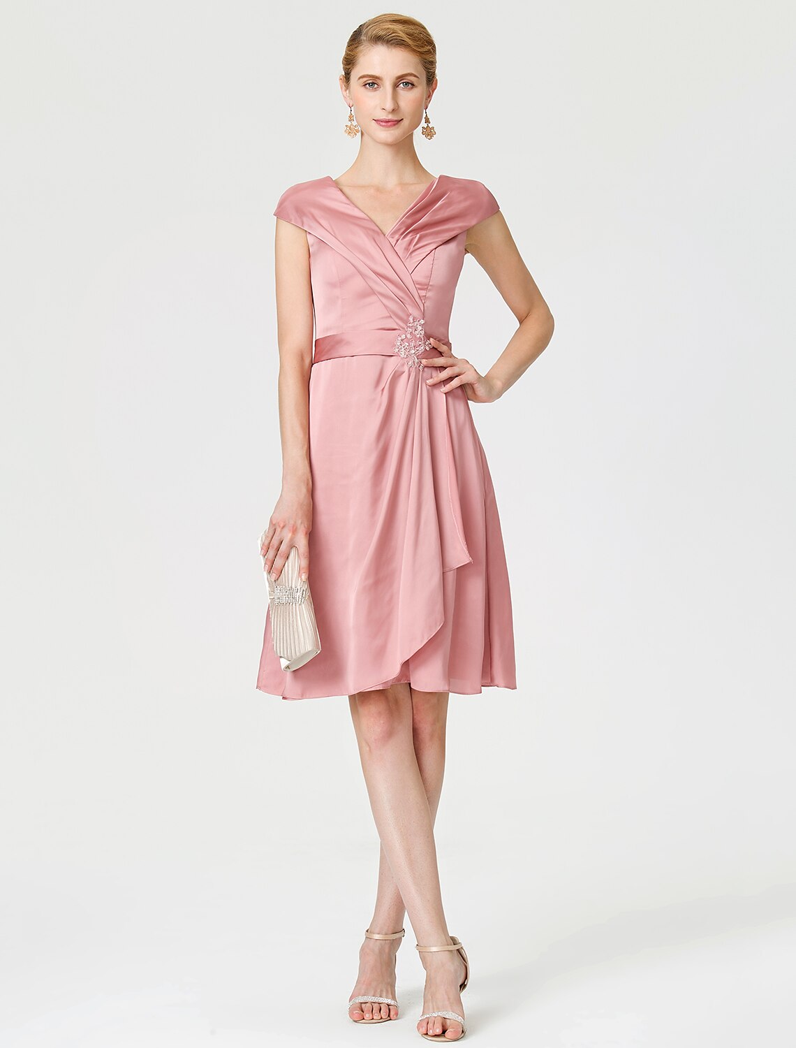 Aimishang A-Line Mother of the Bride Dress Elegant V Neck Knee Length Satin Chiffon Short Sleeve No with Sash / Ribbon Pleats Beading