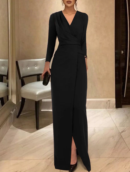 Sheath Black Dress Evening Gown Vintage Dress Formal Floor Length Long Sleeve V Neck  Fabric with Ruched 2025