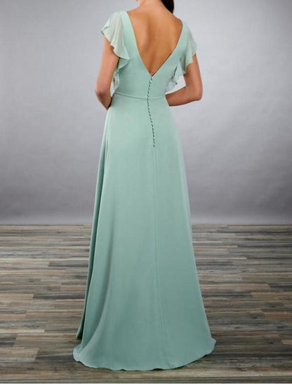 A-Line Bridesmaid Dress Bateau Neck / Straps / Plunging Neck Short Sleeve Open Back Floor Length Chiffon / Shantung / Imitated Silk with Sash / Ribbon / Pleats / Ruffles