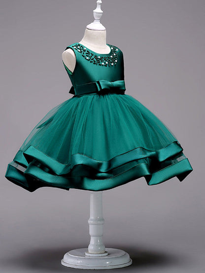 Knee Length Flower Girl Dresses With Faux Pearl Bow Beading