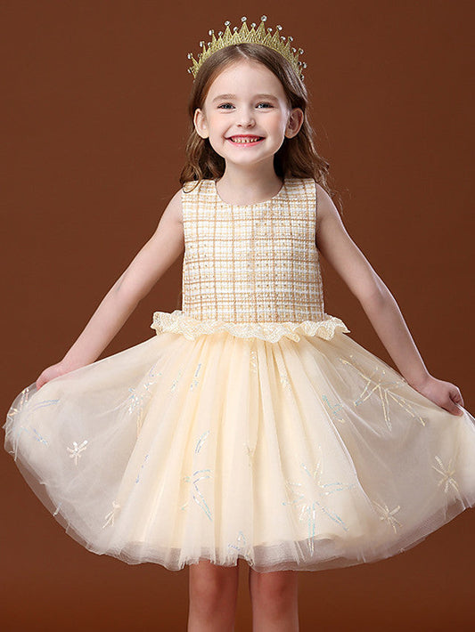 Knee-Length Tulle Flower Girl Dress with Jewel Neckline and Spliced Ruffles