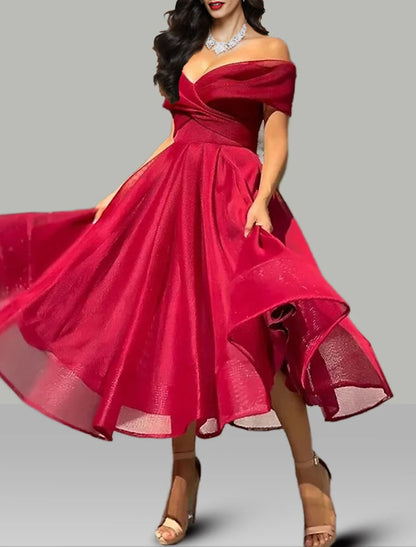 A-Line Prom Dresses Vintage Dress Wedding Guest Summer Tea Length Sleeveless Off Shoulder Organza Backless with Ruched 2025