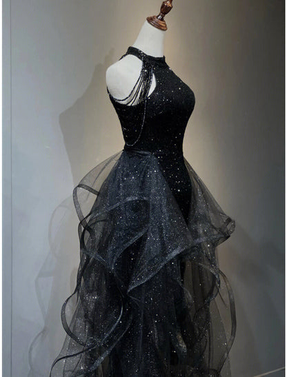 A-Line Prom Dresses Sparkle Shine Dress Wedding Party Sleeveless Sequined with Crystals Sequin Ruffles