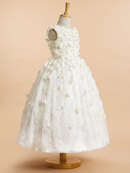 Lace-Accented Sleeveless A-Line Tea Length Flower Girl Dress