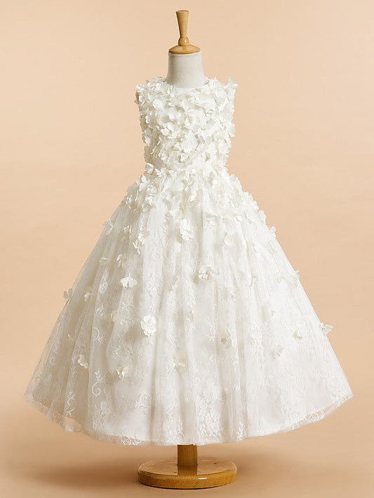 Lace-Accented Sleeveless A-Line Tea Length Flower Girl Dress