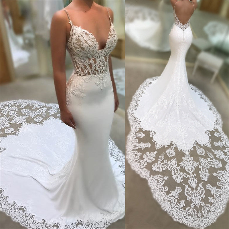 Lace Applique Mermaid Wedding Dress with Spaghetti-Straps V-Neck - New Arrival