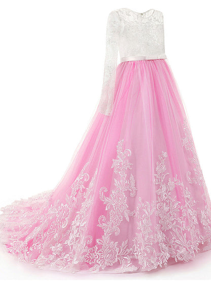 Lace Beading Appliques Buttons Ball Gown Sweep / Brush Train Flower Girl Dress