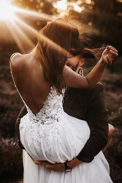 A Line V Neck Lace Bodice Bridal Dresses Ivory Backless Wedding Dresses
