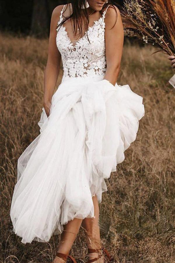A Line V Neck Lace Bodice Bridal Dresses Ivory Backless Wedding Dresses