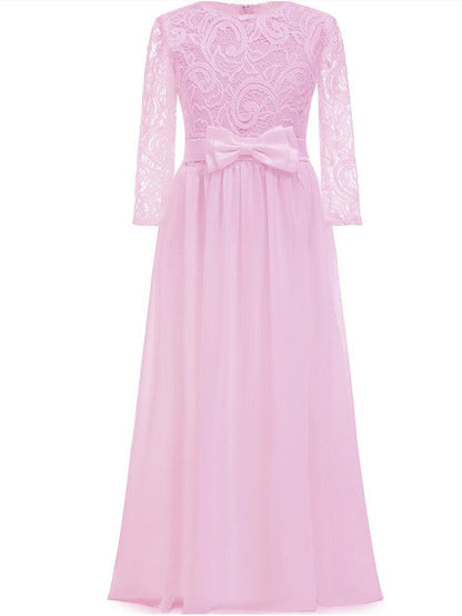 Lace Bow Jewel Neck Long Length Sheath Column Flower Girl Dress