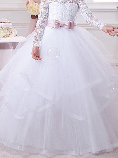 Lace Tulle Ball Gown Flower Girl Dress with Lace Appliques & Buttons