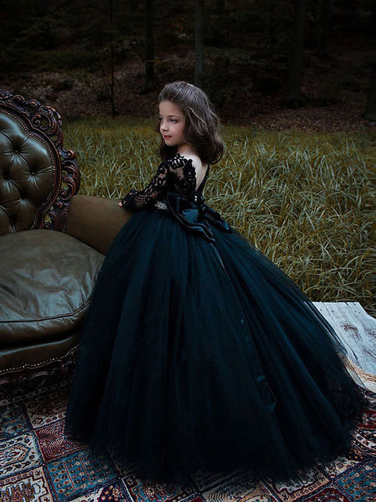 Lace Tulle Long Sleeve Jewel Ball Gown Flower Girl Dresses With Appliques