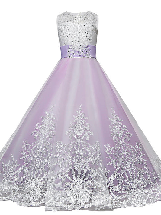 Lace Tulle Princess Maxi Flower Girl Dress with Jewel Neck and Bow Paillette