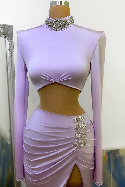 Lavender Two-Piece High Neck Crystal Long Sleeve Prom Dress